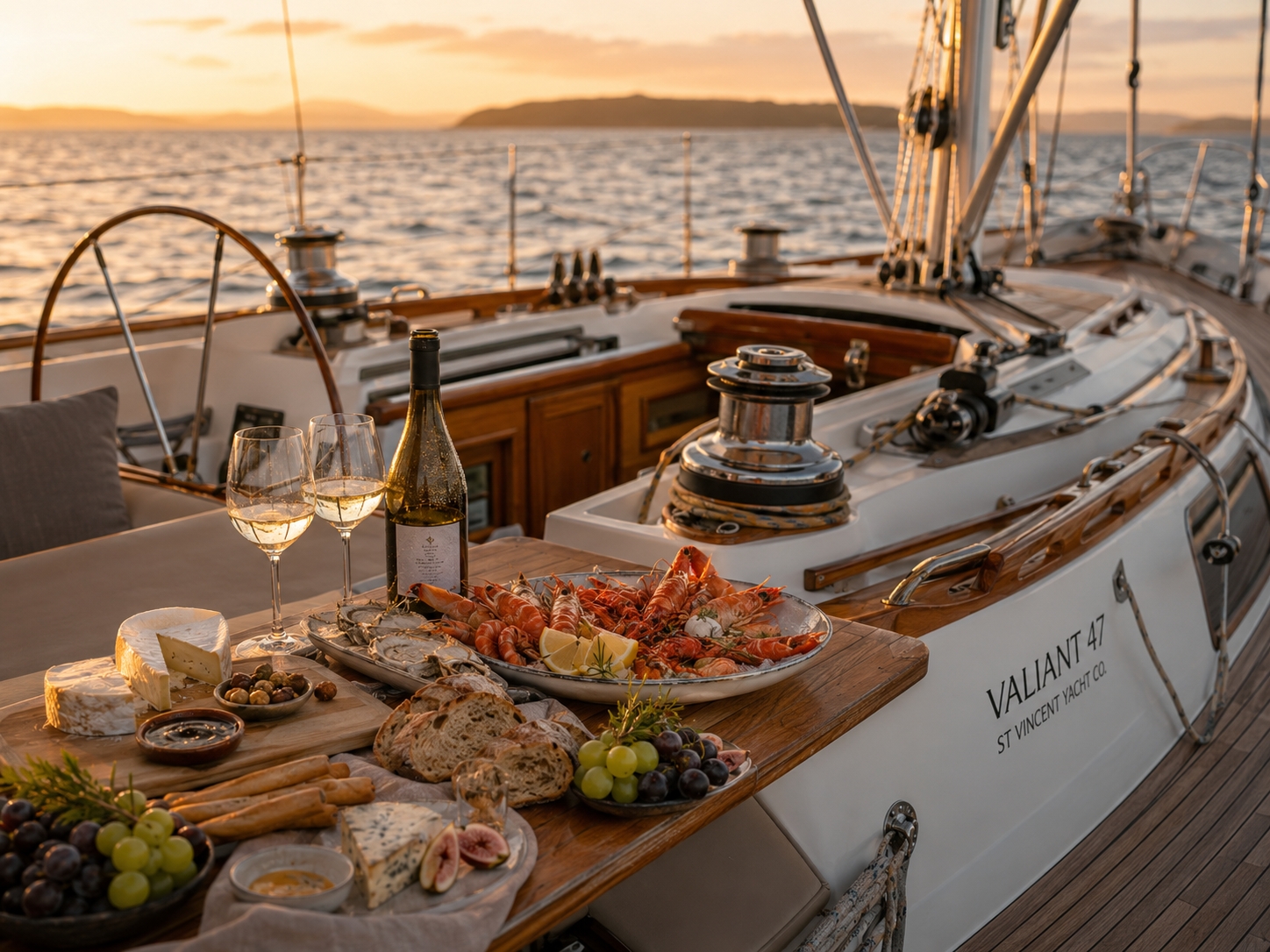 South Australian seafood, cheese, bread and wine served on the deck of a classic yacht at sunset