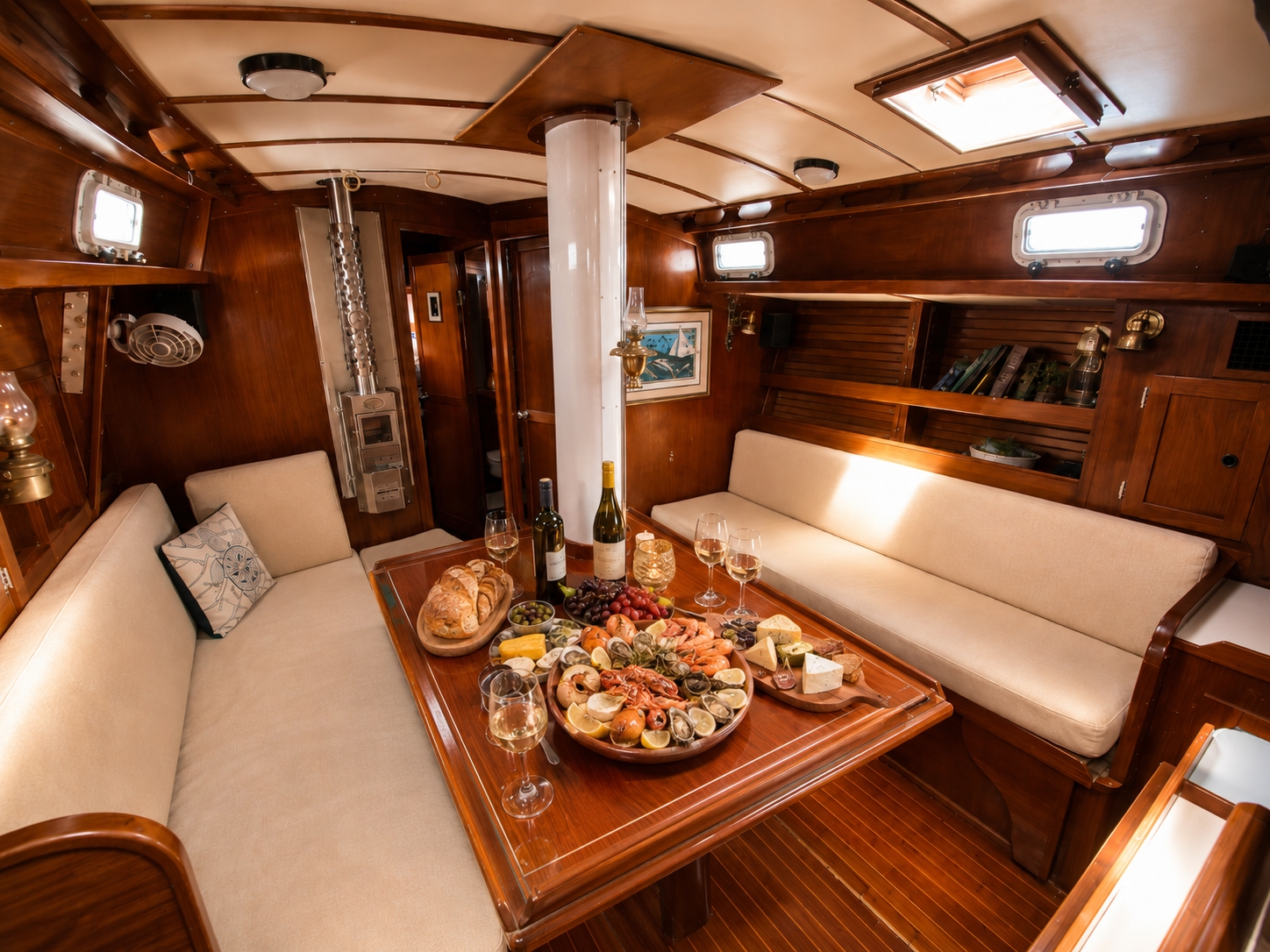 Warm timber yacht interior set with South Australian food and wine