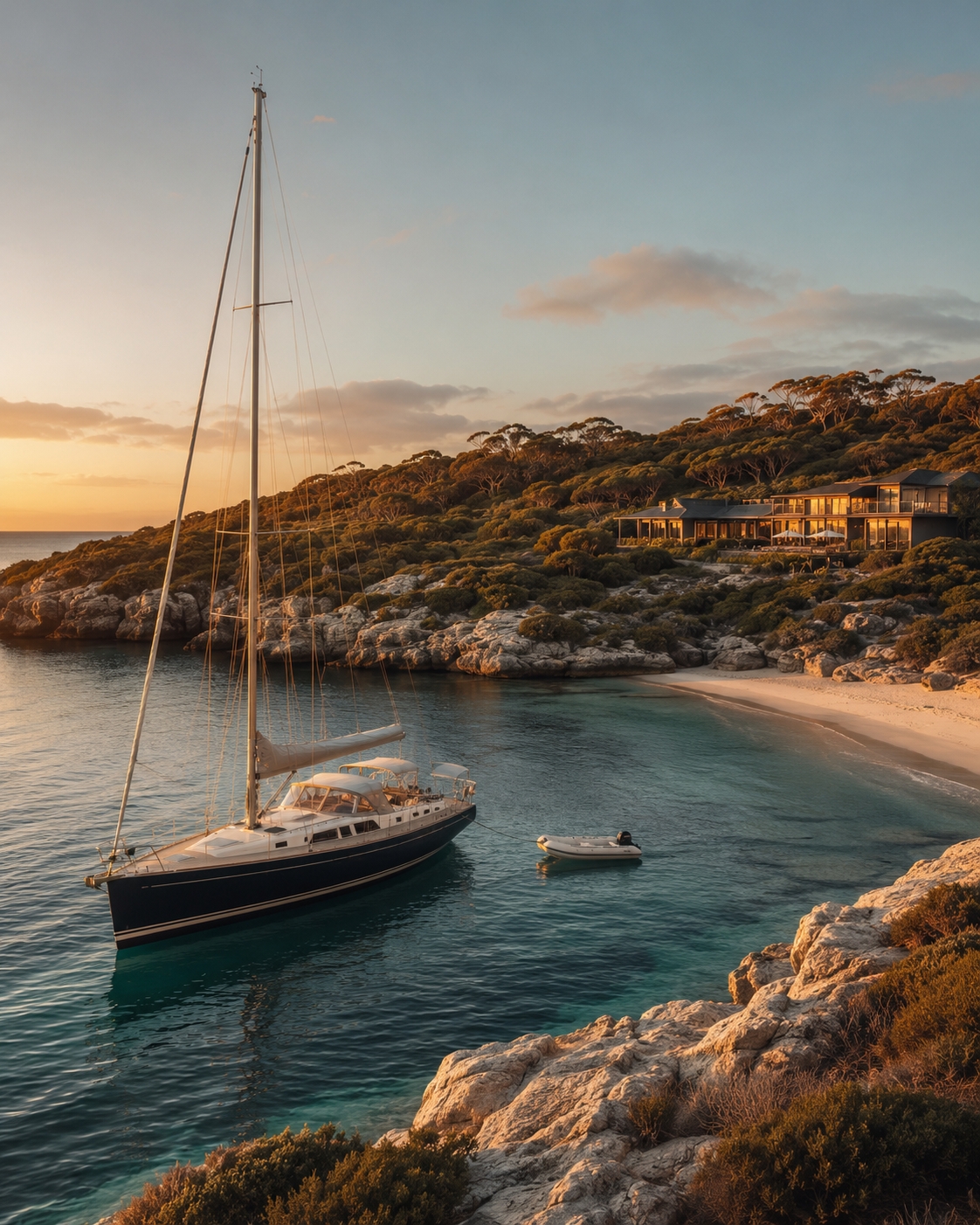 Classic yacht anchored off Kangaroo Island coastline at golden hour